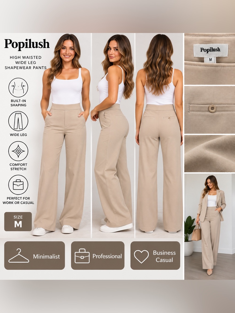 Popilush High Waisted Wide Leg Shapewear Pants Size M Beige NWT